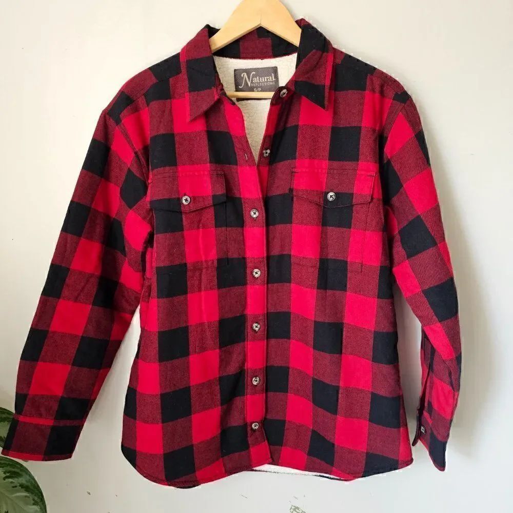 EUC LIKE NEW NATURAL REFLECTIONS RED PLAID/CHECK SHERPA LINED JACKET SZ S/P